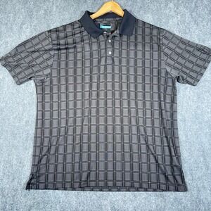 PGA Tour Golf Polo Shirt Mens 2XL Black Gray‎ Plaid Short Sleeve Stretch #AB430